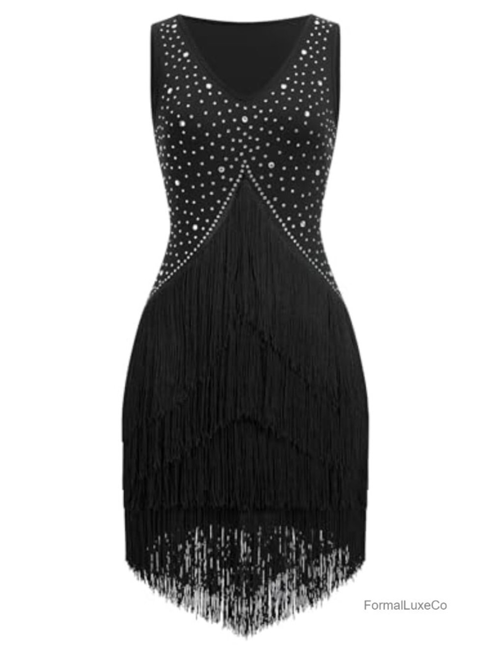 Sleeveless V Neck Rhinestone Latin Dance Dress Midi Fringe Skirt Ballroom Jazz